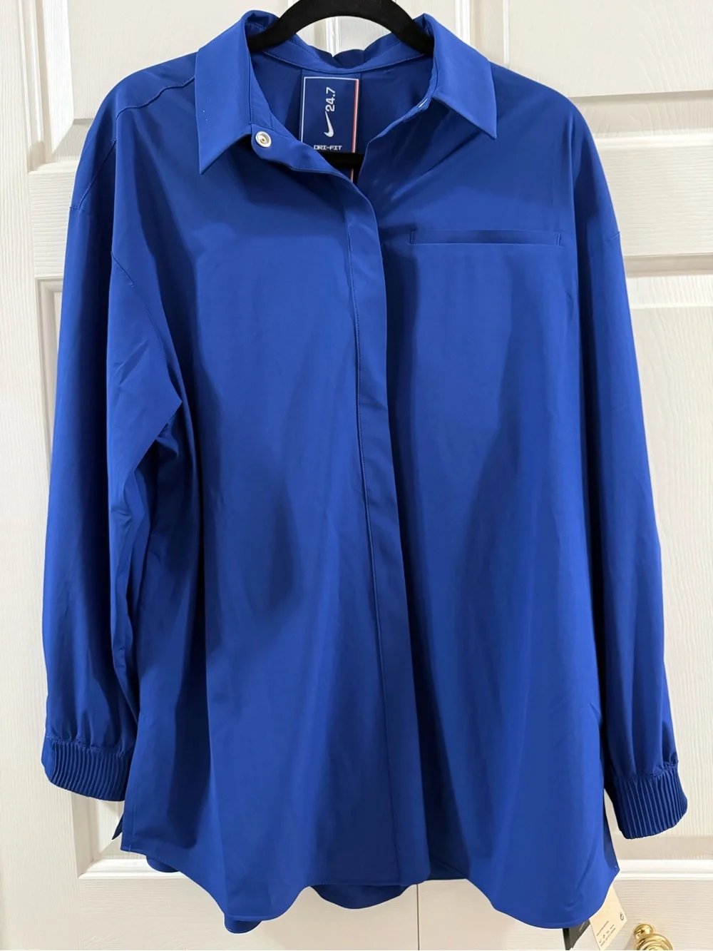 Nike 24.7 Dri-FIT Button Down Shirt Blue Oversized Stretch Women S